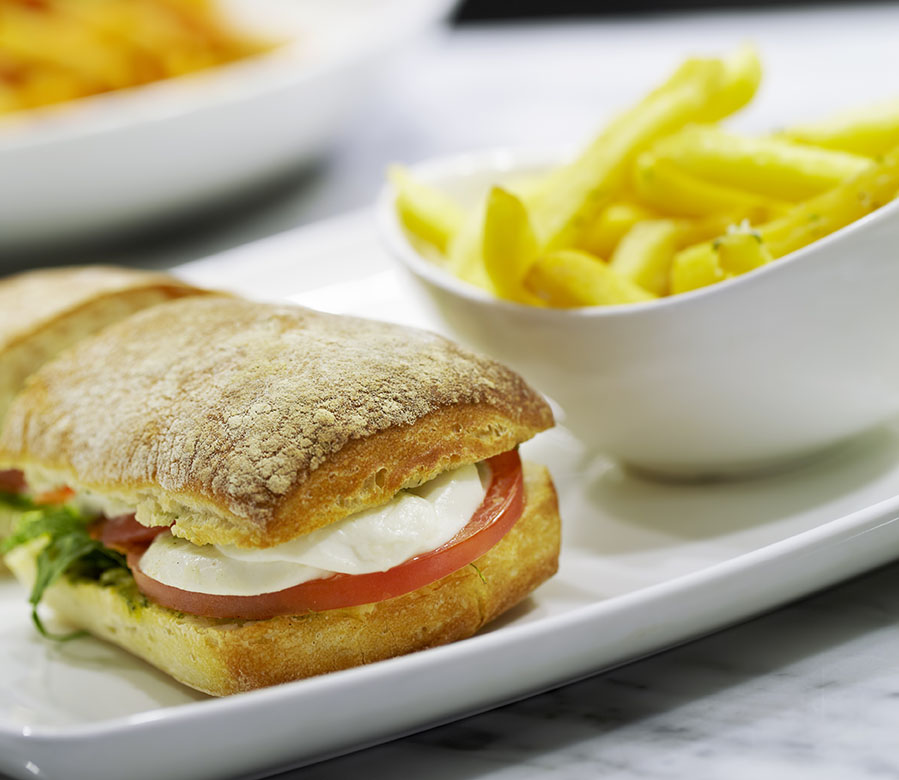 Sandwich and fries for corporate cafeteria